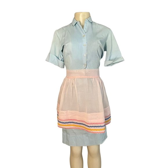 Vintage half apron 1950s women kitchen apron with zig zag pattern in pink blue. - Picture 2 of 10